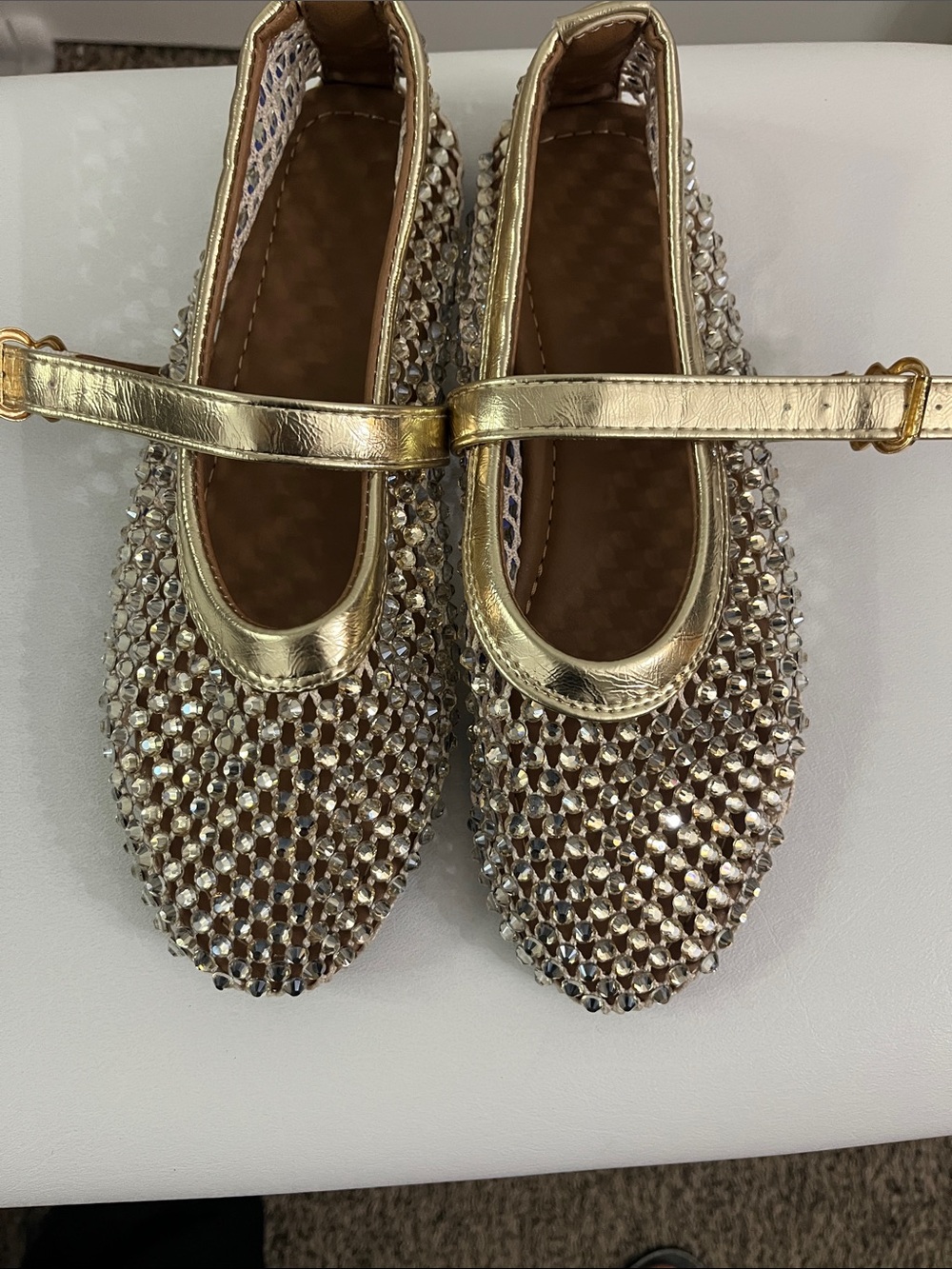 Gold Crystal-Embellished Mary Jane Flats